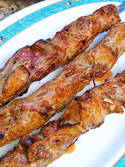 Grilled Lamb Offal Skewers Wrapped in Caul Fat